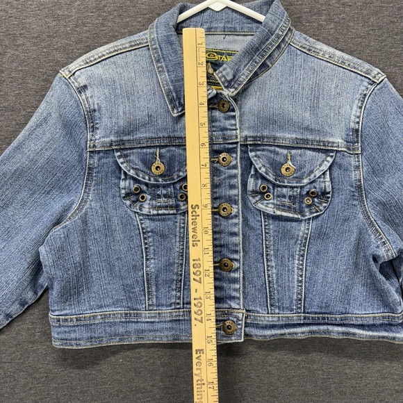 G Star Jeans Denim Jacket Womens Large Blue Cropped Button Front Embroidered - Picture 3 of 8